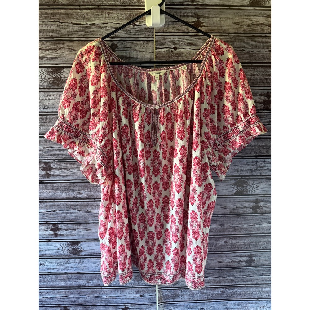 Max Studio London Women's Short-Sleeved Top Size 3X Red Cream Damask Floral